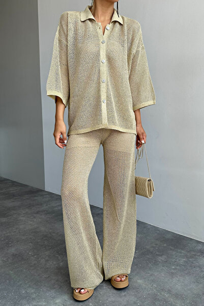 Loopy طقم نسائي فضي مخرم قميص وبنطلون تريكو كريمي