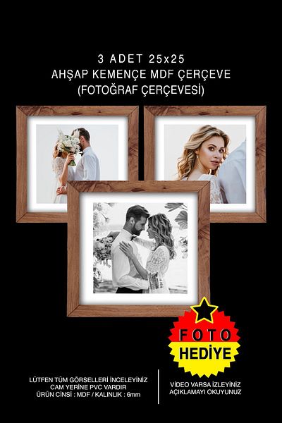 Bytwo 3 Pieces 25x25 Frame - Square Frame - Mdf Kemençe Frame - Multiple Photo Frame Set