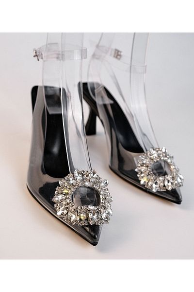 Sibel Durmaz Story Black Transparent Crystal Stone Detailed Sandals