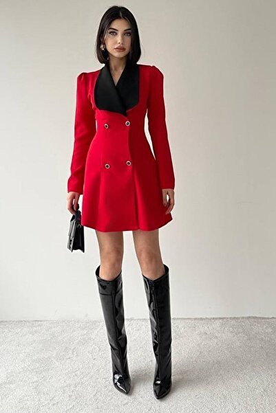 WOMAN VISION Kadın Atlas Kumaş Geniş Yaka Uzun Kollu Kırmızı Ceket Elbise 170