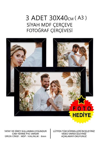 Bytwo 3 PCS 30X40 FRAME BLACK MDF MULTIPLE PHOTO FRAME