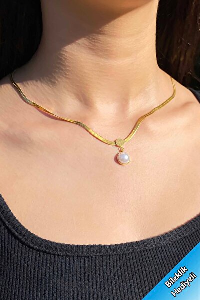 TREND COLLECTİON Kadın Paslanmaz Çelik Gold İtalyan Zincir İnci Kolye