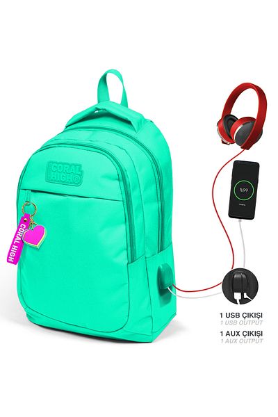 Coral High Rucsac de școală pentru copii, verde apă, cu trei compartimente, cu port USB 24309