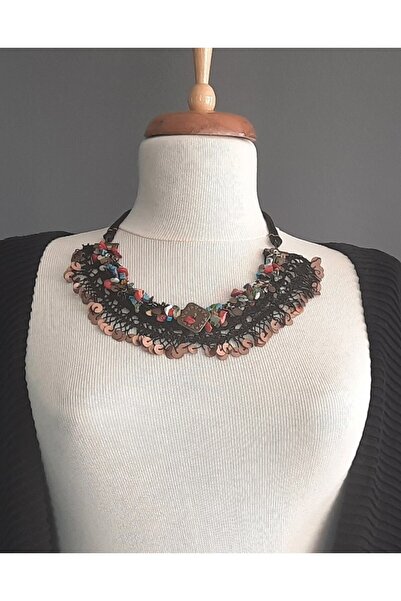Hippybutik Siyah Firkete Oyali Sıvama Doğal Taşlı Etnik Kolye