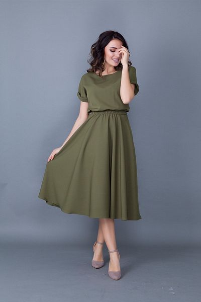 Bidoluelbise Rochie de damă kaki cu talie elastică, cu buzunare, cu mânecă liliac, lungime midi
