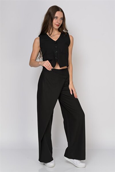 Nuseel Pantaloni și vestă pareo cu detaliu cu nasturi în față, negru