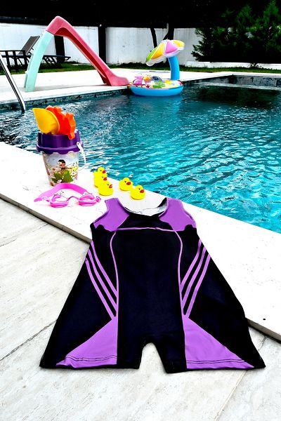 Eke Tekstil Girl's Black Purple Color Swimsuit with Shorts
