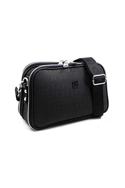 Just Polo حقيبة كتف وحقيبة كروس نسائية باللون الأسود مكونة من 5 أقسام