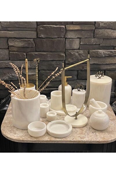 Polen Stone Mermer Banyo Ve Ev Yaşam Çeyiz Seti Eskitme Aksesuarlı 17 Parça