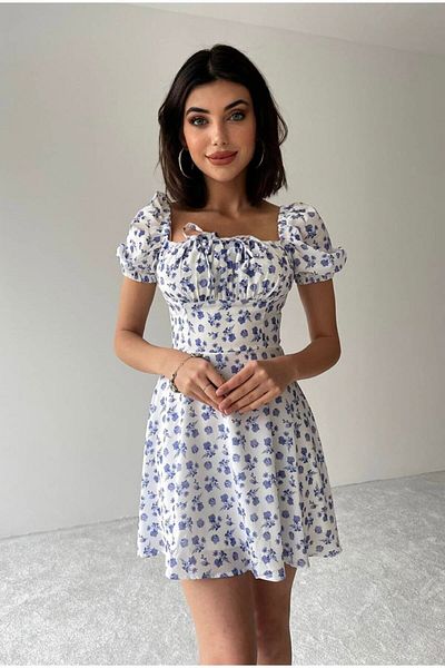 Afiş Butik Μπλε Floral Φόρεμα με Λευκό Γιακά Γραβάτα
