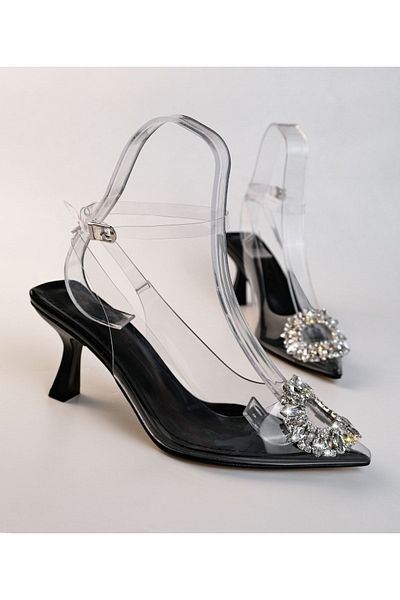 Sibel Durmaz Story Black Transparent Crystal Stone Detailed Sandals