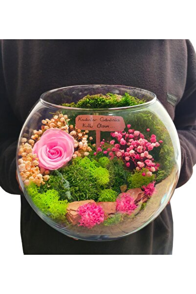 çiçekseli Vertical Garden Serisi Pembe Solmayan Gül & Cam Akvaryum Gül Bahçes...