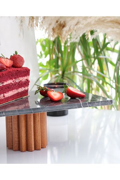 Gemboss Natural Marble Cake Stand, Cake Stand with Wooden Legs, Marble Presentation Rack, Marble Cheese Plate