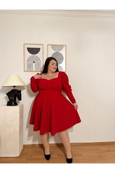 Kendinisevbutik Rochie roșie de mărime mare cu mânecă cu balon