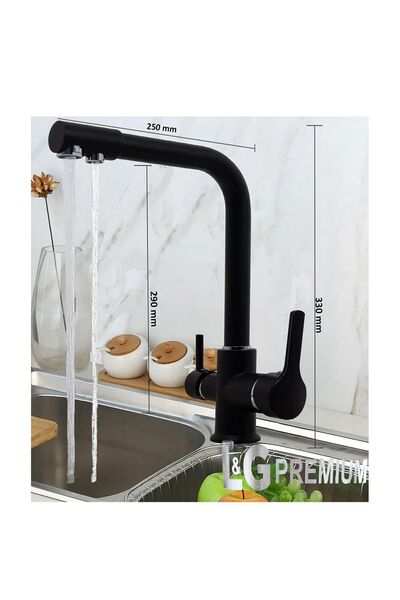 L&G PREMİUM Siyah Batarya Musluk Arıtmalı 3 Yollu Mutfak Evye Musluğu