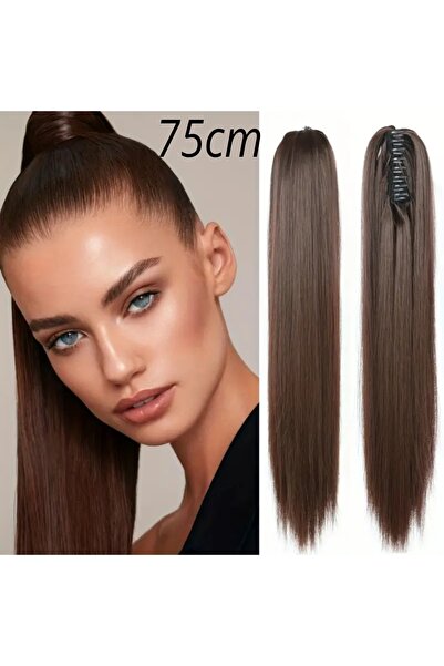 AKOLİFE قطعة شعر مستقيمة على شكل ذيل حصان مع مشبك بني فاتح - 75 سم - نسيج الش...