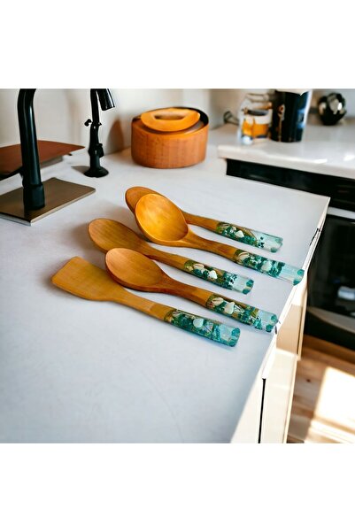 LOTUSSPOON Okyanus Serisi Premium El Yapımı 5 Parça Tahta Kaşık, Mutfak Seti/kaşık,kepçe,spatula,çeyiz Seti