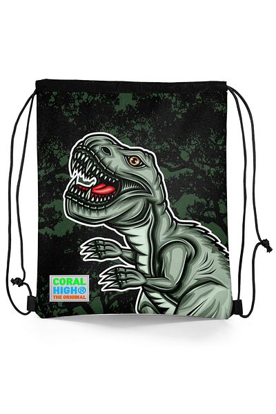 Coral High Kids Dark Green Black Dinosaur Patterned Drawstring Drawstring Backpack 22475