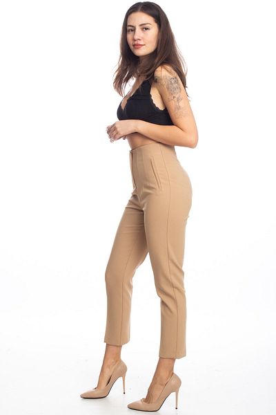 ZARAZA Women's Beige High Waist Cuffed Pants