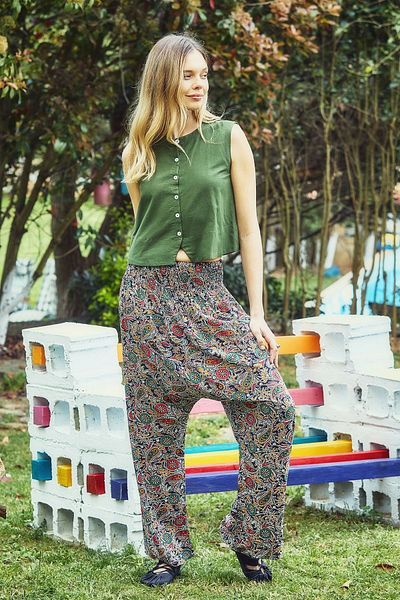 Clandestino Women's Black Authentic Patterned Wide Leg Baggy Trousers