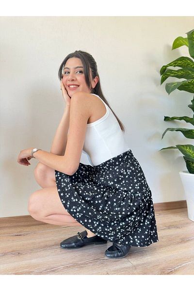 Bleu Petite Fustă încrețită cu talie elastică cu model floral
