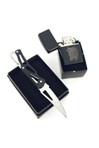 SürLaz Katlanabilir Çelik Çakı & Kurt Işlemeli Benzinli Çakmak Isme Özel