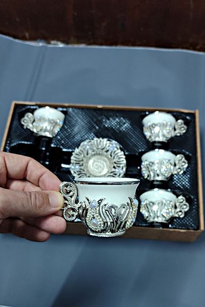 bigiyin Crystal Stone Detailed Coffee Glass Set for 6 People - 12 Pieces Handmade