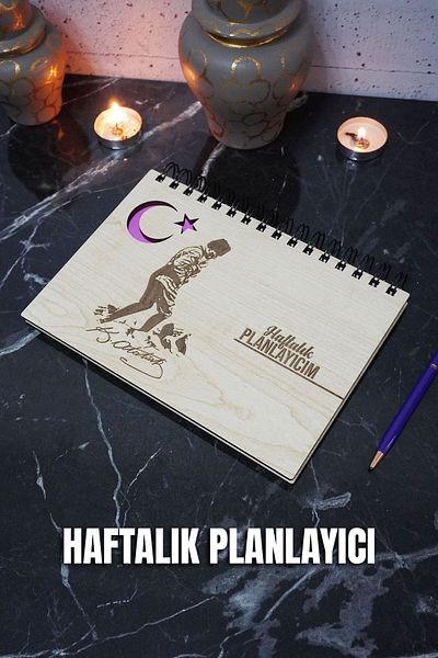 markcat Mustafa Kemal Atatürk Ξύλινο Σημειωματάριο Αχρονολόγητου Προγράμματος - Ατελείωτο Πρόγραμμα Συστάσεων - Weekly Planner - A5
