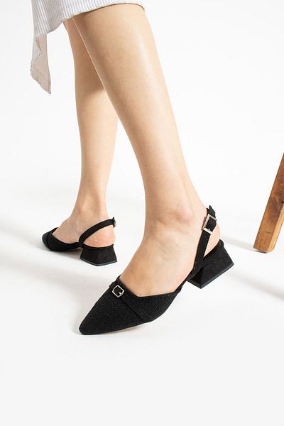 İnan Ayakkabı WOMEN'S BLACK COLOR STRAW PATTERNED HEEL SHOE (3 CM HEEL LENGTH)