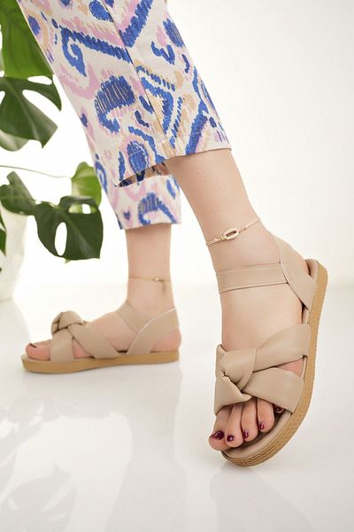 Modafırsat Women's Beige Sandals Stylish Summer Beach Vacation Velcro Daily Sandals