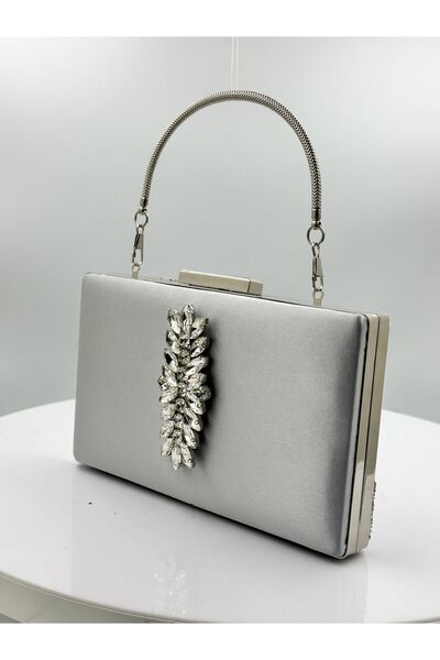 Borsetta Culoare Gri Argintiu Satin Cu Carcasa Argintie Piatra Argintie Geanta Rochie De Seara Geanta De Seara Portofoliu De Logodna Nunta