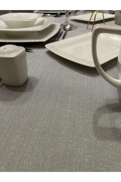 Zeren Home مفرش طاولة من الكتان اللامع باللون الرمادي - مجموعة Meral Lead، بوليستر