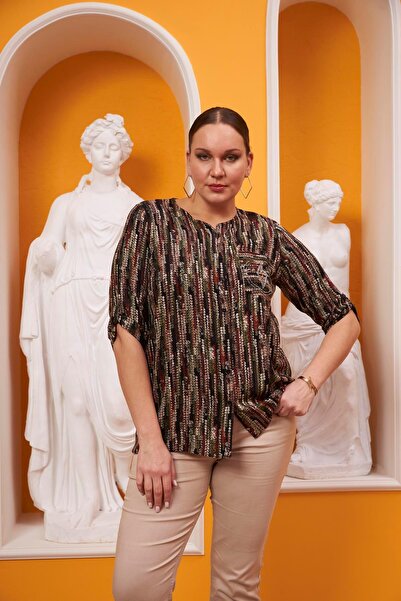 RMG Hscstore Women's Pocket Stone Detailed Patterned Plus Size Khaki Shirt - ...