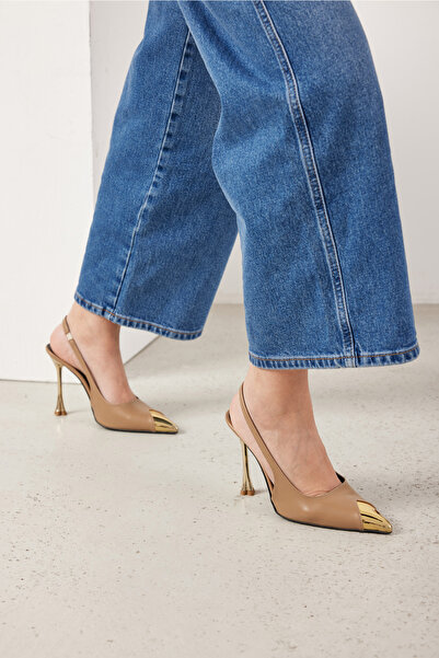 AYAKKABI PRENSİ Gold Gold Detailed Mink Matte Stiletto pentru damă, pantofi cu toc înalt