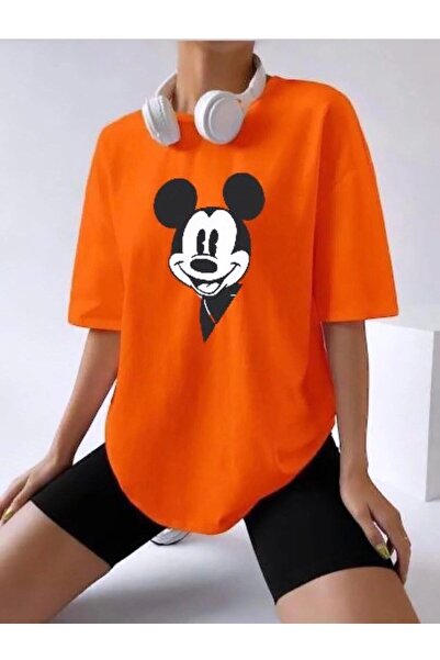 HIRSCH Kadın Turuncu Oversize Mickey Mouse Baskılı Tshirt