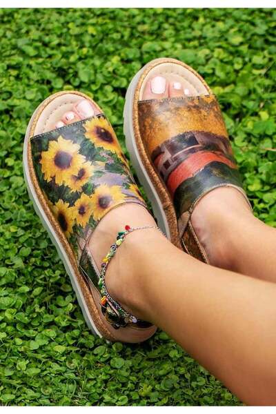 Dogo Sandale de damă din piele vegană, multicolore, cu talpă groasă - Design Sunflowers