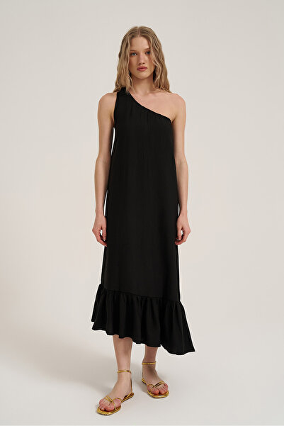 Quzu Single Shoulder Flounce Midi Dress Black