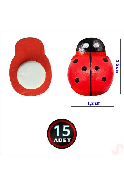 Süsle Baby Party Uğur Böceği Ahşap Sticker, 1,5cm x 1,2cm  x 15 Adet - Kırmızı