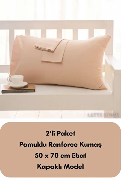 LATTE TEKSTİL Beige Ranforce Cotton Pillow Case - Pack of 2 50x70 cm Size