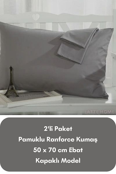 LATTE TEKSTİL Ranforce Cotton Fabric - Anthracite Covered Model Pillow Case 2 Pack 50x70 cm Size