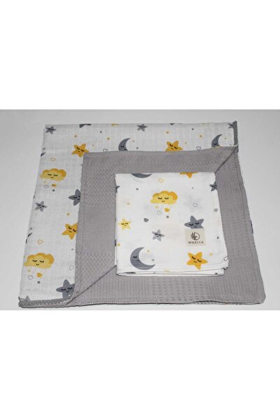 WOELLA طقم بطانية وبطانية من الموسلين بطابع السماء