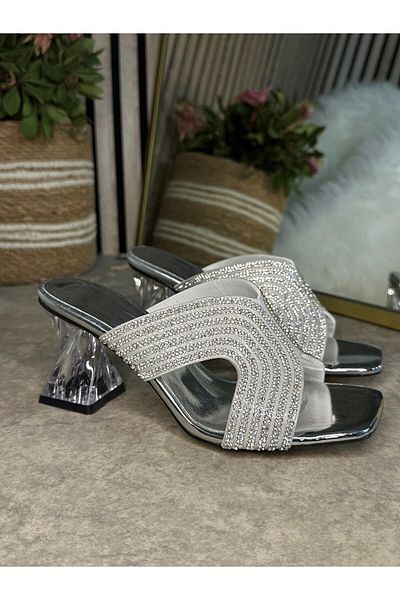 Allyup Daily Women's Slippers Silver Jewelled Blunt Toe Thick Transparent Heels Comfortable Sole Lightweight Summer 84