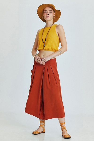 Clandestino Bluză Crop Basic de culoare muștar - Talie elastică