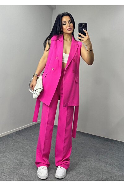 pembekurdelem Women's Belted Vest Trousers Set Fuchsia