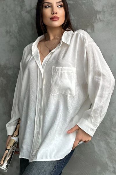 Yefrastore Cămașă albă cu buzunar alb pentru femei, cu detaliu supradimensionat, cu textura modală
