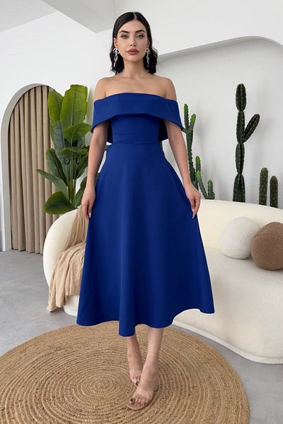 WOMAN VISION Rochie midi evazată cu guler Madonna albastru Saks - Tesatura Atlas 222