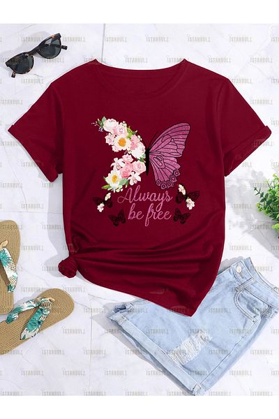 aynewmoda Тениска с флорален принт и пеперуди Always Be Free Oversize
