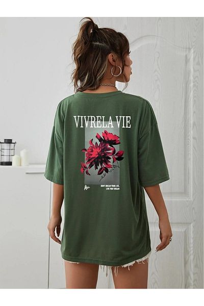aynewmoda Vivre La Vie - Tricou oversize cu flori roșii