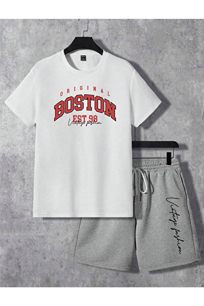 donamod Бруклін Нью-Йорк Бостон Біла футболка з принтом та сірий костюм з горловиною з сірого сорту