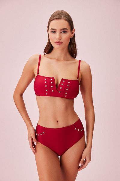 SUWEN Top de bikini Bandeu cu decolteu în V cu mărgele